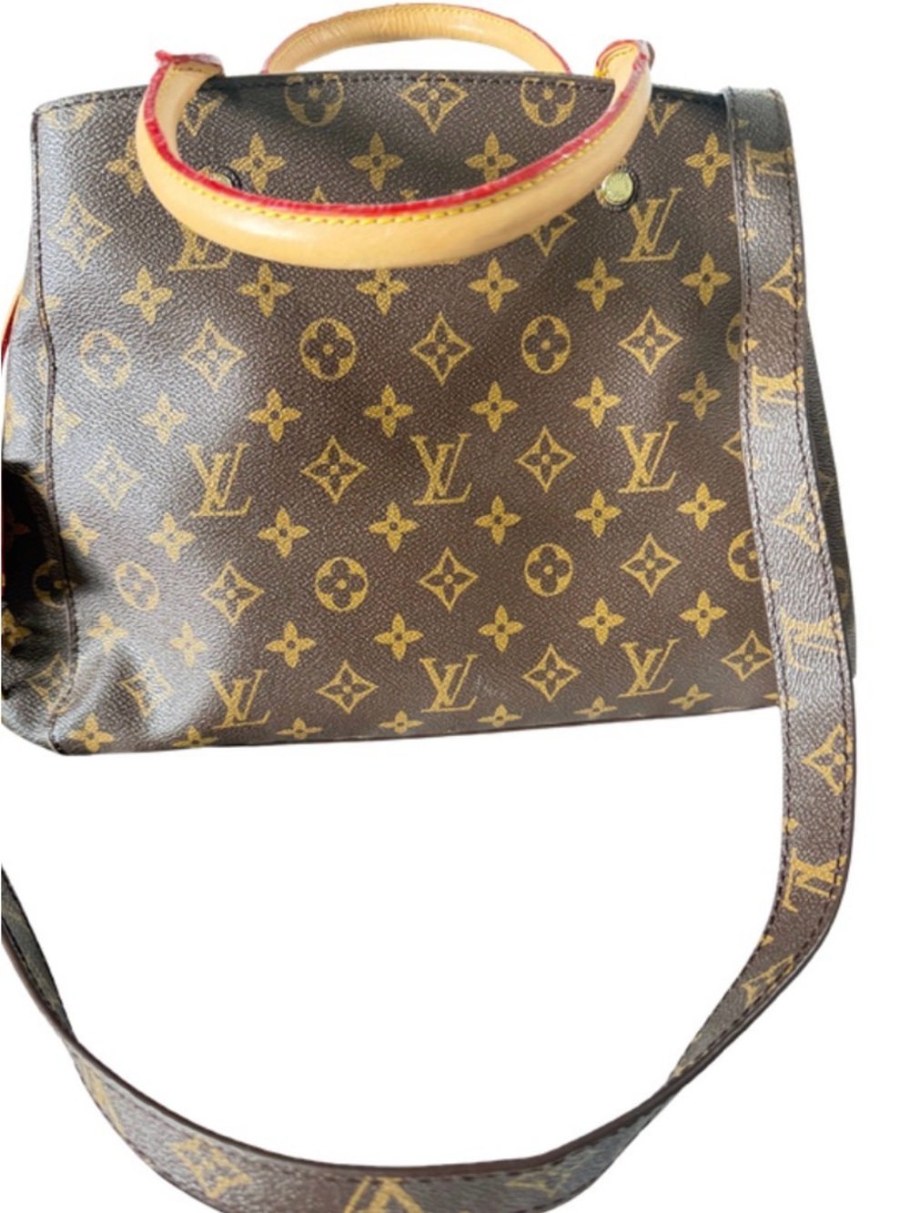 Louis Vuitton Monogram Canvas Satchel with Tan Handles and Red Trim